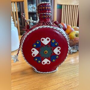 Red Decorative Leather Flask with Heart Motif